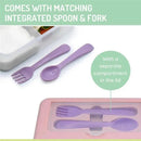 Two-tier pink bento box 48.8 oz, includes matching purple spoon and fork, features separate lid compartment.