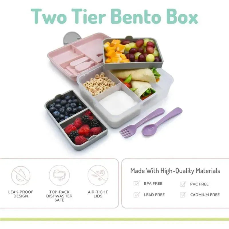 Two Tier Bento Box in pink, featuring compartments for fruits, snacks, and wraps, with purple utensils included.