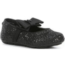 Black Michael Kors baby girl Rover Day-T ballerina flats featuring a shiny, textured upper and a large bow detail.