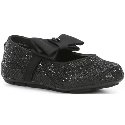 Black Michael Kors baby girl Rover Day-T ballerina flats featuring a shiny, textured upper and a large bow detail.