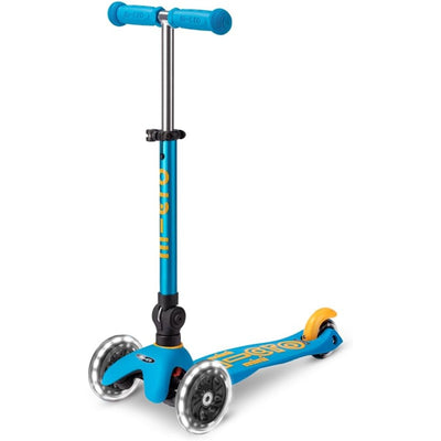 Micro Kickboard Mini Foldable LED Scooter in ocean blue; features a sturdy base, three wheels, and adjustable handlebars.