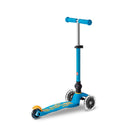 Micro Mini Foldable LED scooter in ocean blue with a T-bar handle and three wheels, suitable for young riders.