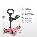 Micro Kickboard Mini 3in1 Deluxe in pink, designed for ages 12 months to 5 years, features adjustable seat and handlebar height.