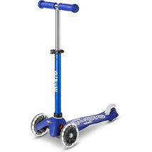 Micro Kickboard Mini LED Scooter in blue and white, featuring a lightweight design, adjustable handlebar, and three wheels.