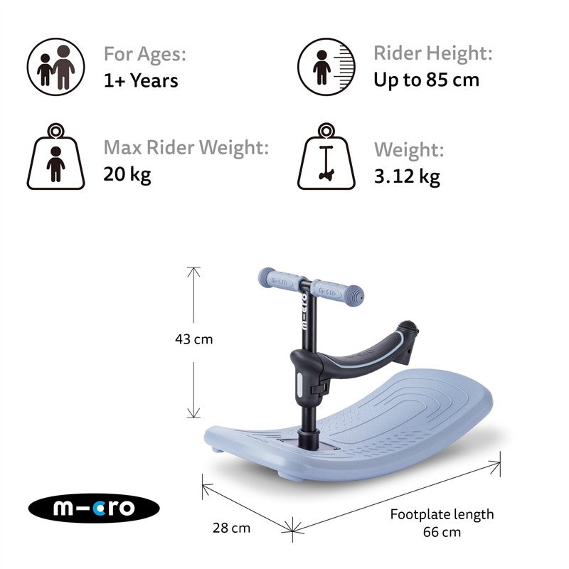Micro Kickboard Mini Rock & Go LED in Ocean Slate, designed for ages 1+, with dimensions and weight specifications displayed.