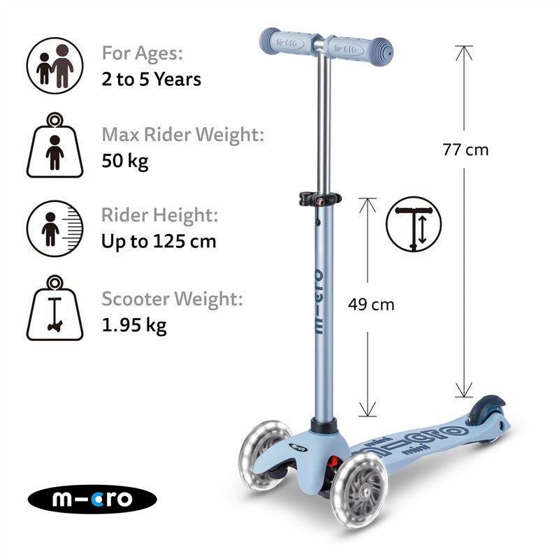 Micro Kickboard Mini Rock & Go LED scooter in Ocean Slate, designed for children aged 2 to 5, with LED wheels and adjustable height.