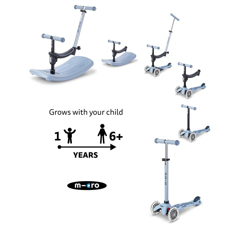 Micro Kickboard Mini Rock & Go LED in Ocean Slate, showing adjustable height scooter configurations for ages 1 to 6+.