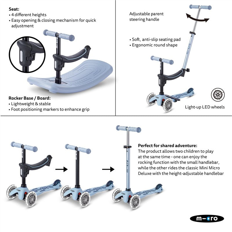 Micro Kickboard Mini Rock & Go LED in Ocean Slate with adjustable height, anti-slip seating, and light-up LED wheels for shared adventures.