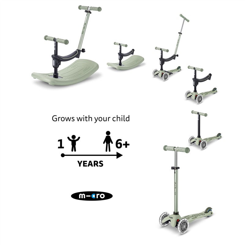 Micro Kickboard Mini Rock & Go LED in Olive Sage, featuring adjustable components for kids aged 1 to 6+, showcased with design variations.