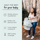 A woman holds the Milk Snob Disney 5-In-1 cover featuring the Enchanted Kingdoms design, promoting baby shade and nursing.