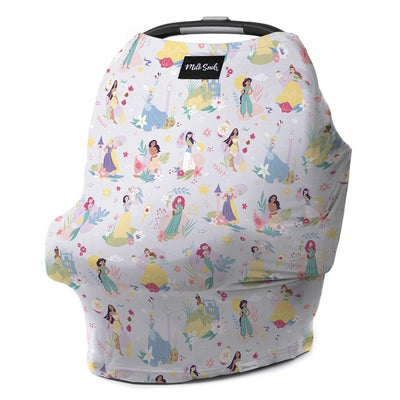 5-in-1 multifunctional cover featuring Disney princesses in colorful illustrations, designed for nursing or car seat use.
