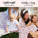 Milk Snob Disney A Wish Come True Swaddle Blanket displayed with a baby on the left and a mother with a child on the right, showcasing summer and winter use.