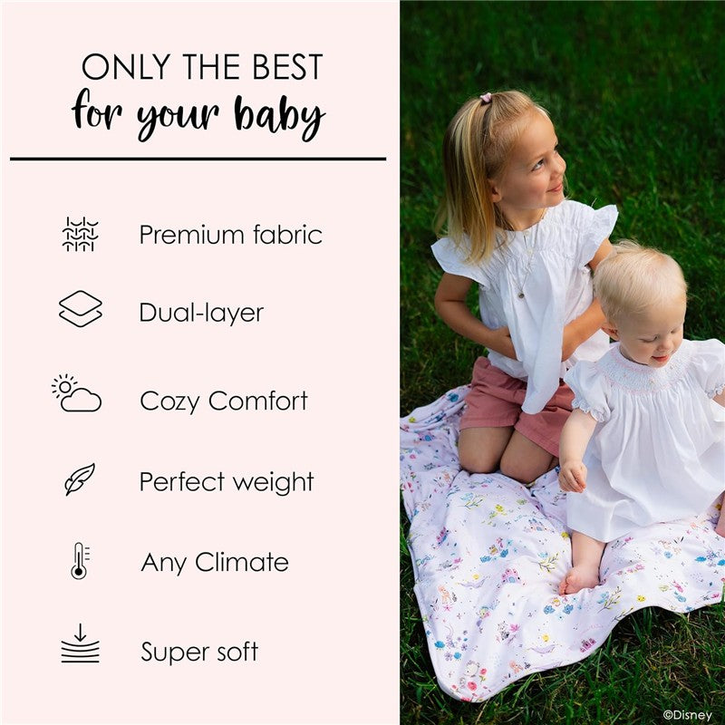 Milk Snob Disney A Wish Come True baby blanket displayed with features: premium fabric, dual-layer, cozy comfort, and super soft.