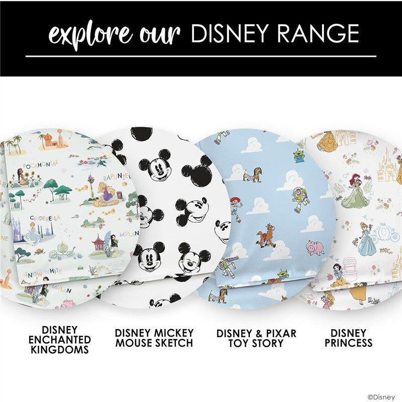 Milk Snob Disney A Wish Come True Swaddle featuring various Disney-themed designs, including Mickey Mouse and princesses.