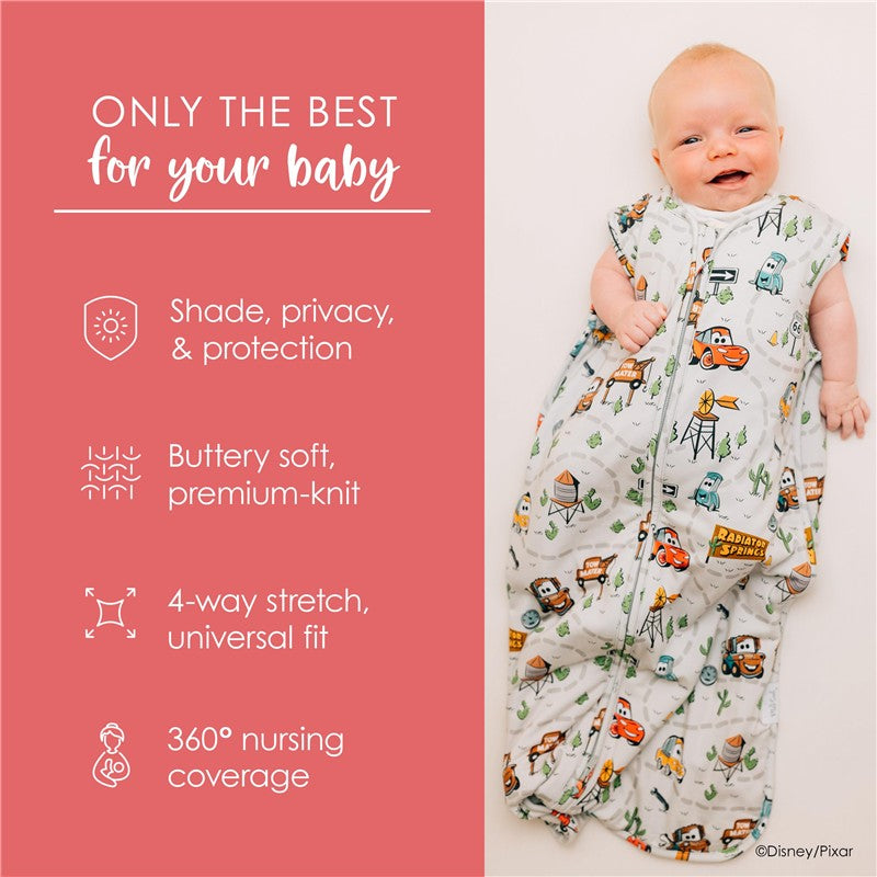 Milk Snob Disney and Pixar Cars Baby Sleep Bag for 0–6 months, featuring vibrant cartoon cars and important care details.
