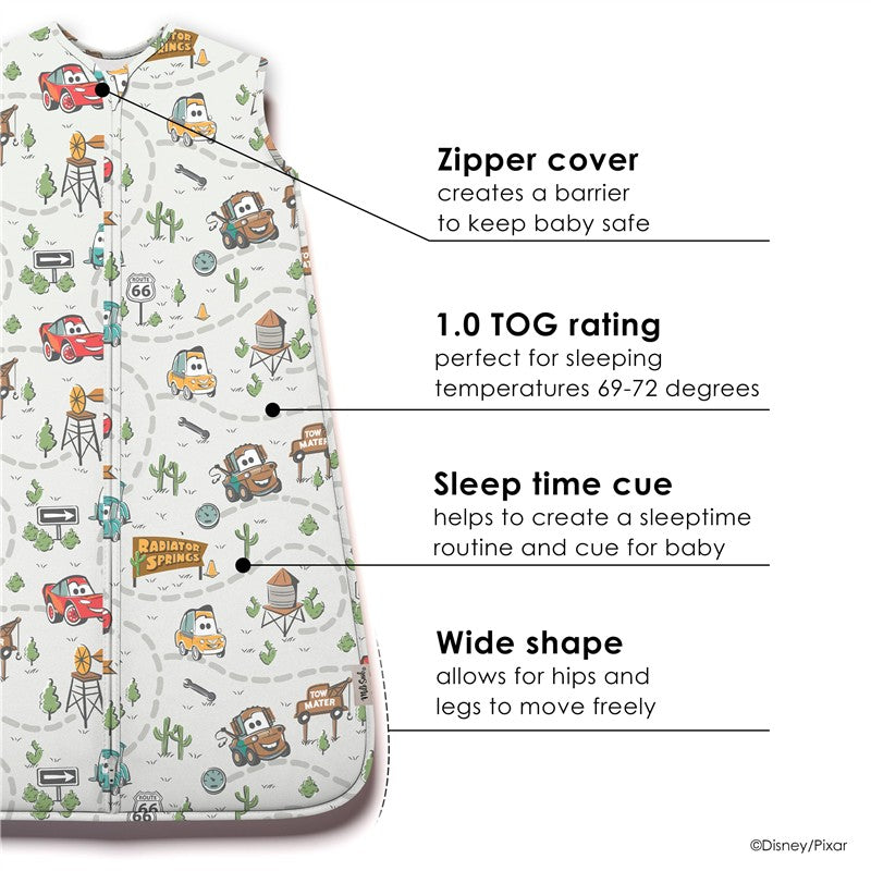Milk Snob Disney and Pixar Cars Baby Sleep Bag features a playful design with cartoon cars, a 1.0 TOG rating, and a zipper cover.