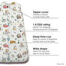 Milk Snob Disney and Pixar Cars Baby Sleep Bag features a playful design with cartoon cars, a 1.0 TOG rating, and a zipper cover.