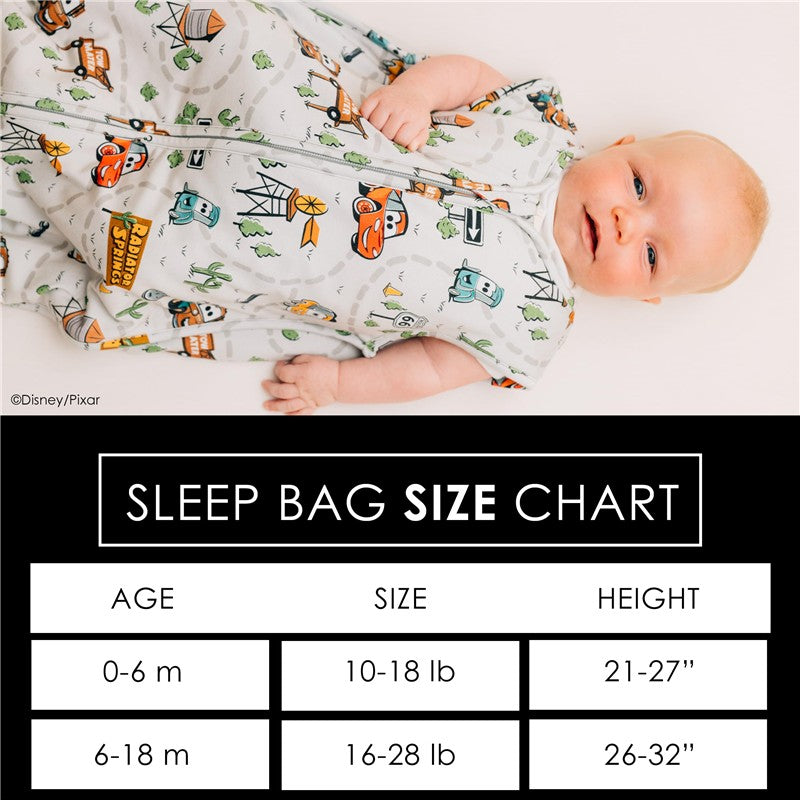 Milk Snob Disney and Pixar Cars Baby Sleep Bag with cartoon vehicle designs, suitable for 0-6 months; includes size chart.