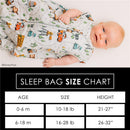 Milk Snob Disney and Pixar Cars Baby Sleep Bag with cartoon vehicle designs, suitable for 0-6 months; includes size chart.