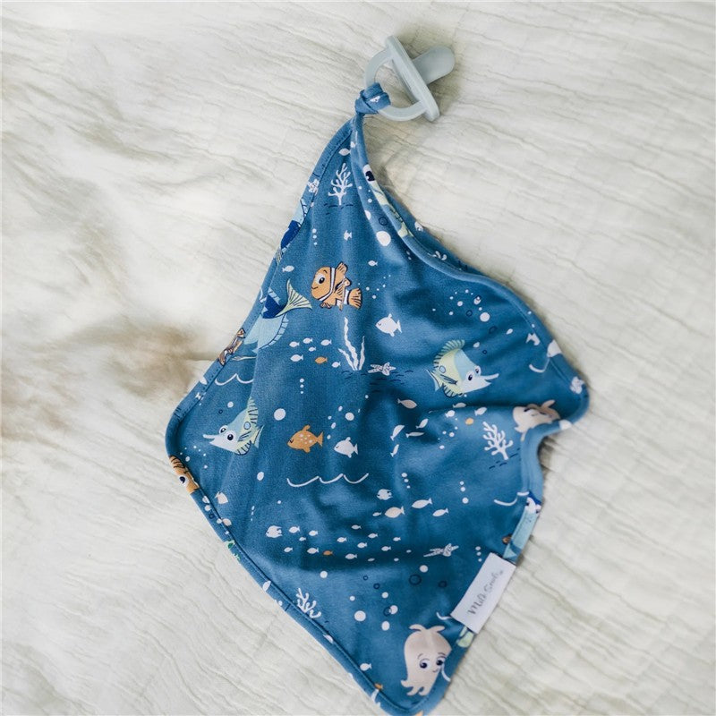Disney and Pixar Finding Nemo-themed lovey security blanket featuring colorful underwater characters on a blue background.