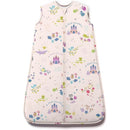 Light pink baby sleep bag featuring whimsical Disney-themed illustrations, suitable for infants 0-6 months, with a zipper closure.