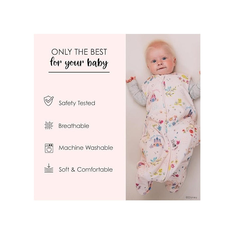 Baby wearing a Disney-themed sleep bag with floral patterns, featuring safety, breathability, and machine washability details.