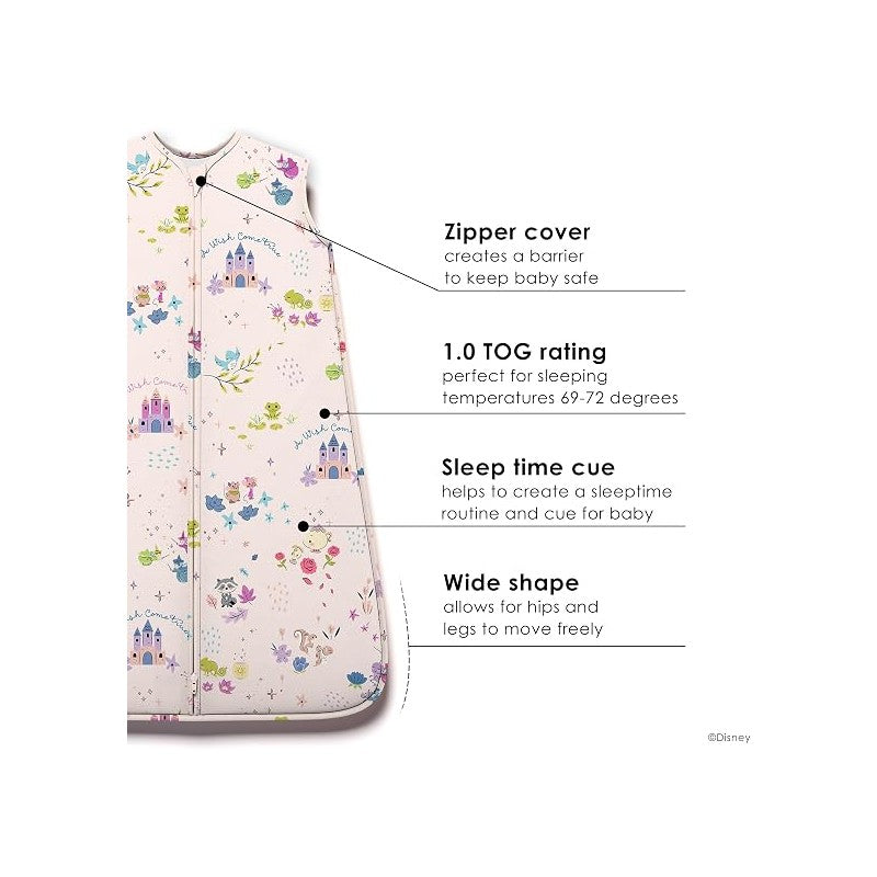 Milk Snob Disney Baby A Wish Come True Sleep Bag features colorful designs, 1.0 TOG rating, and wide shape for baby comfort.