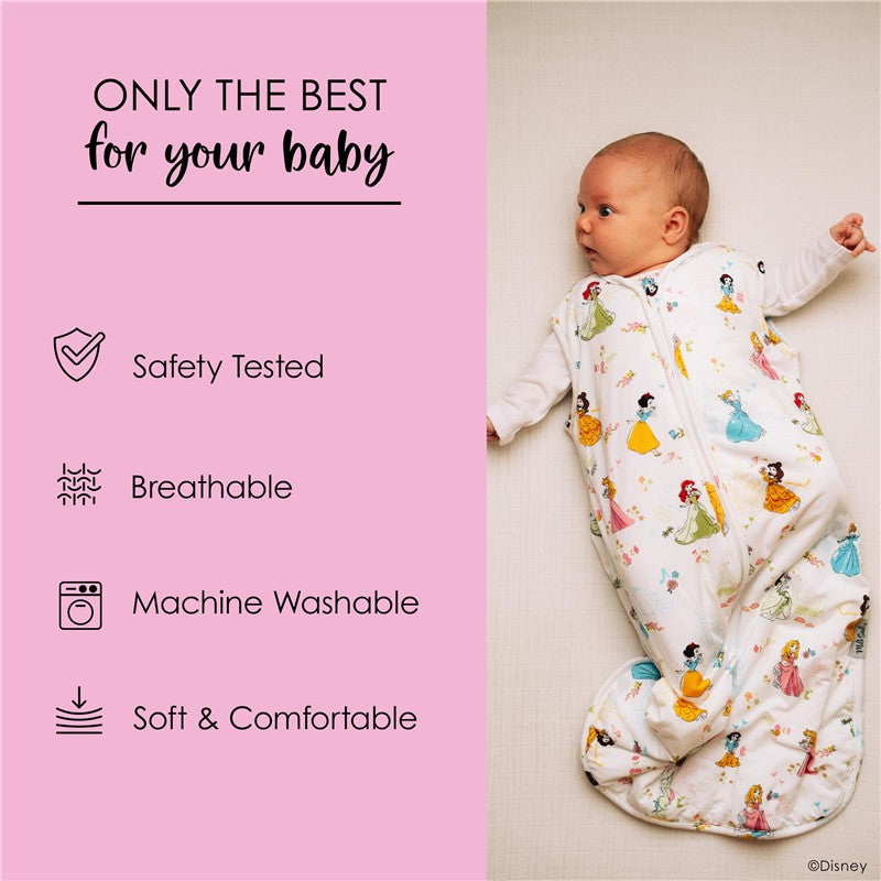 Disney Princess baby sleep bag for 0–6 months, featuring colorful princess prints; labeled as safety tested, breathable, and soft.