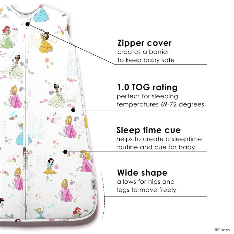 Milk Snob Disney Princess Baby Sleep Bag with 1.0 TOG rating, featuring princess designs, zipper cover, and wide shape for comfort.