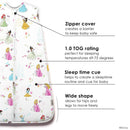 Milk Snob Disney Princess Baby Sleep Bag with 1.0 TOG rating, featuring princess designs, zipper cover, and wide shape for comfort.