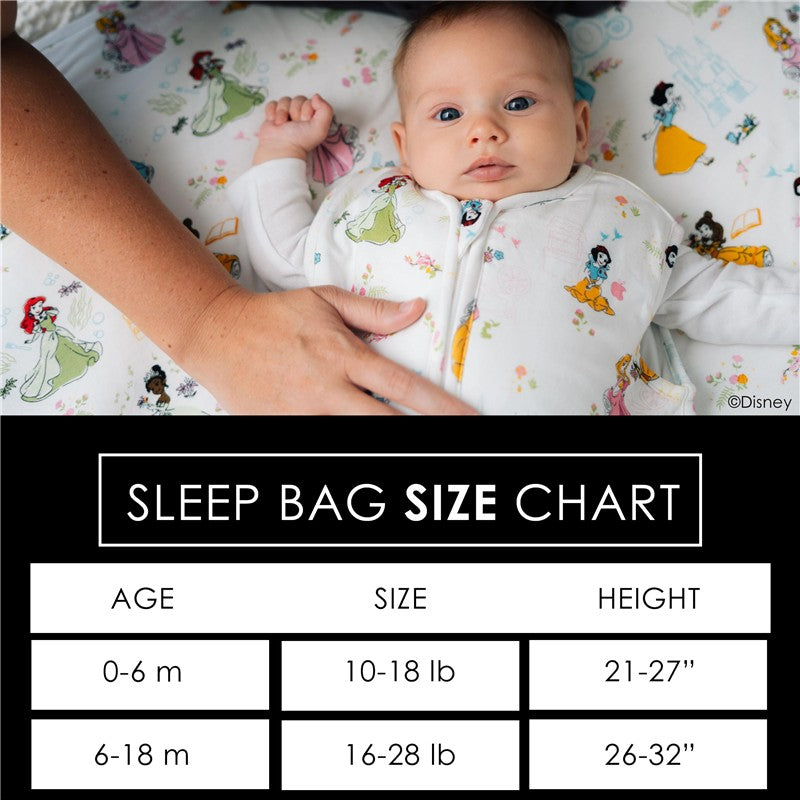 Disney Princess baby sleep bag worn by an infant; includes a size chart for ages 0-6 months and 6-18 months.