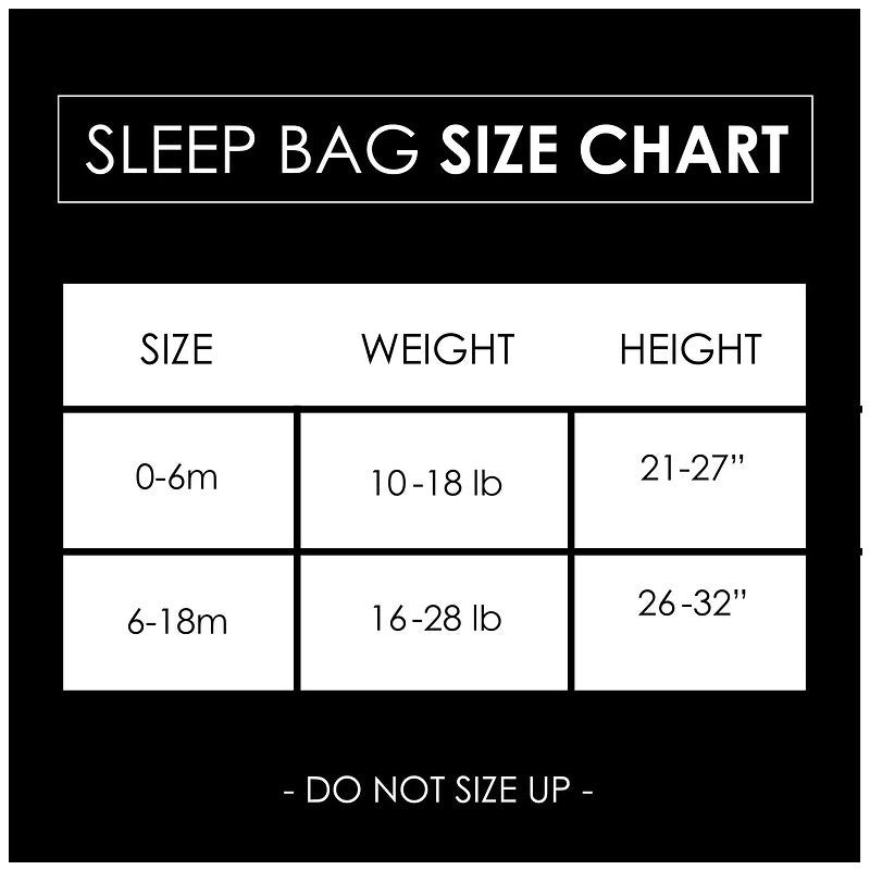 Sleep sack size chart displaying sizes for 0-6 months and 6-18 months with weight and height specifications.