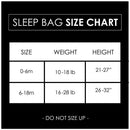 Sleep sack size chart displaying sizes for 0-6 months and 6-18 months with weight and height specifications.