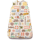 Marvel-themed baby sleep bag featuring various superhero graphics and text, suitable for infants 0–6 months.