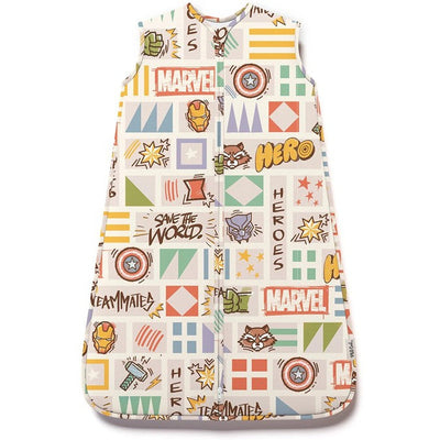 Marvel-themed baby sleep bag featuring various superhero graphics and text, suitable for infants 0–6 months.