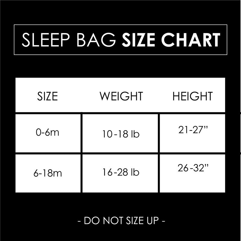 Sleep bag size chart detailing sizes 0-6 months and 6-18 months, with weight and height specifications.