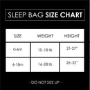 Sleep bag size chart detailing sizes 0-6 months and 6-18 months, with weight and height specifications.