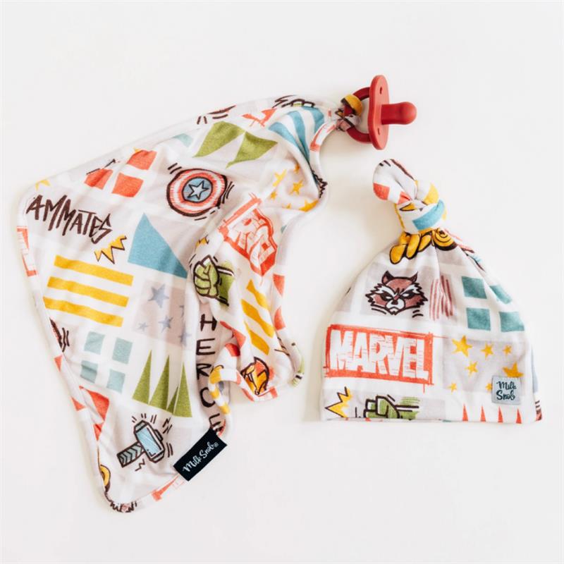 Marvel-themed Lovey Baby Security Blanket with colorful superhero designs, including a hat and pacifier.