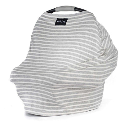 Multifunctional Milk Snob cover in heather stripe design, draped over a car seat, showcasing its use and style.