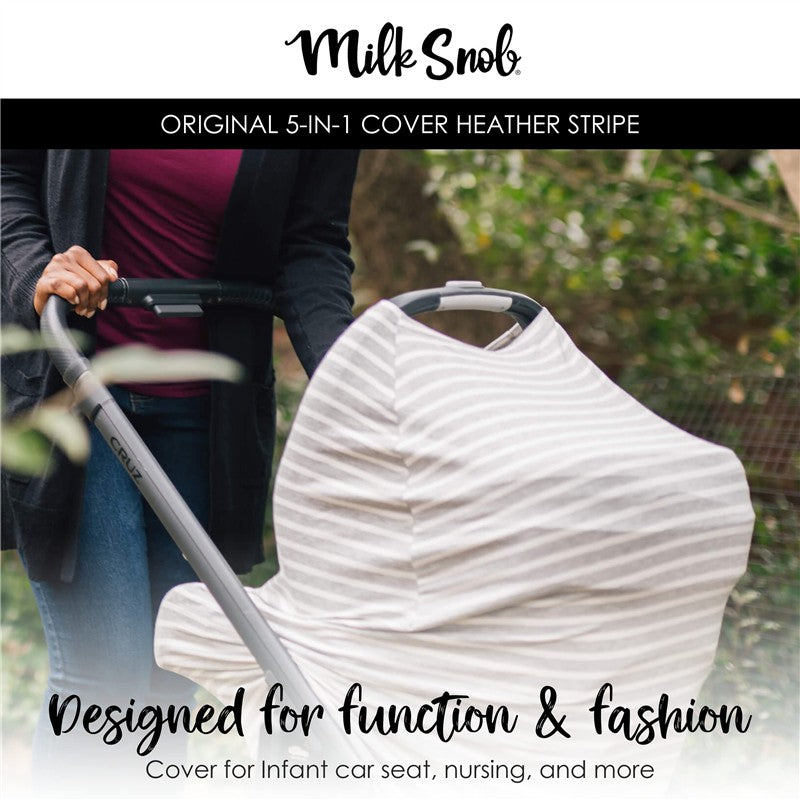 Multifunctional cover in heather stripe design draped over an infant car seat; ideal for nursing and sun protection.