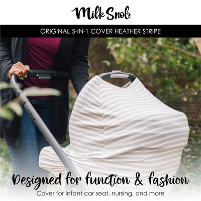 Multifunctional cover in heather stripe design draped over an infant car seat; ideal for nursing and sun protection.