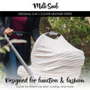 Multifunctional cover in heather stripe design draped over an infant car seat; ideal for nursing and sun protection.