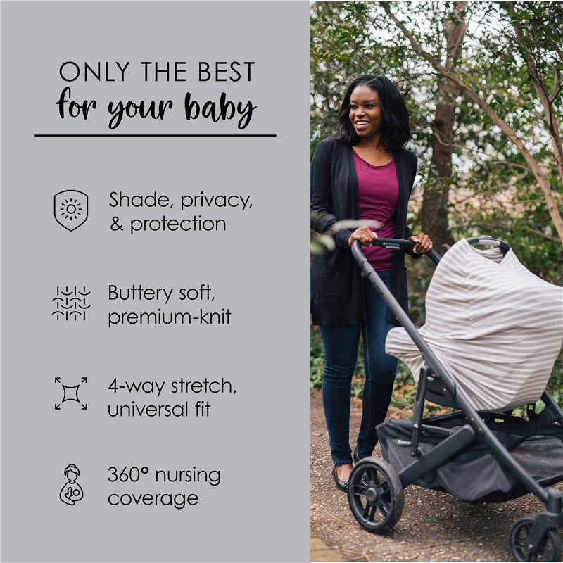 A woman walking with a stroller covered by a Milk Snob 5-in-1 multifunctional cover in heather stripe, highlighting key features.