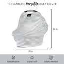 5-in-1 multifunctional baby cover in heather stripe design, measuring 26 by 28 inches, noted for being breathable and super soft.