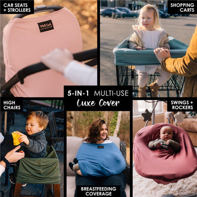 Multifunctional cover in Ballet Slipper Pink shown being used for car seats, high chairs, shopping carts, and breastfeeding.