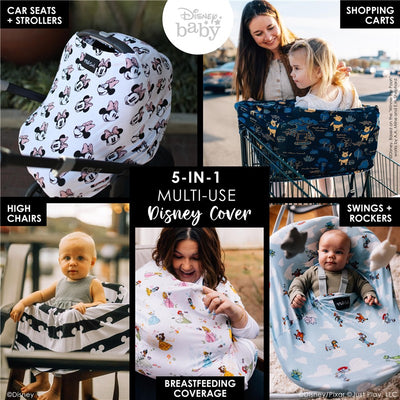 5-in-1 multifunctional cover featuring Disney Minnie Mouse design, suitable for car seats, shopping carts, and breastfeeding.