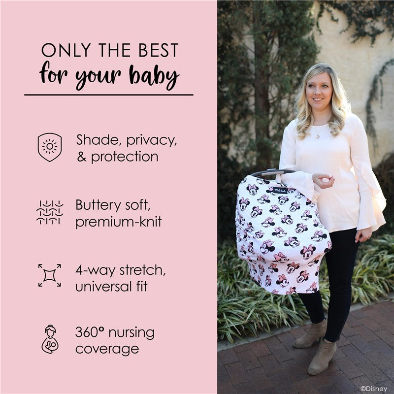 Minnie Mouse 5-in-1 multifunctional cover shown on a woman, providing shade and privacy for babies with key features listed.