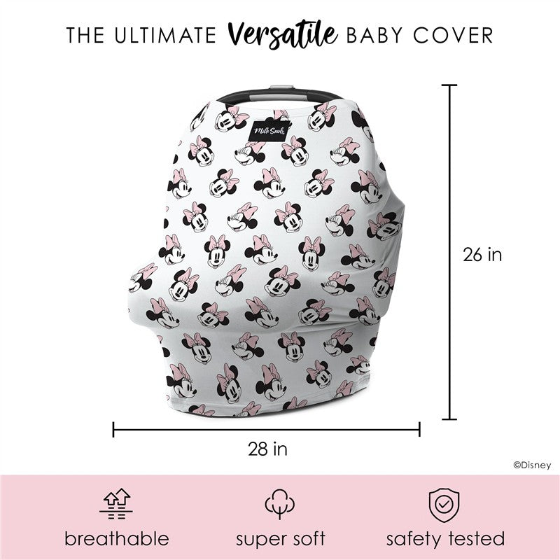 5-in-1 multifunctional baby cover featuring a Minnie Mouse design, measuring 26 in height and 28 in width.