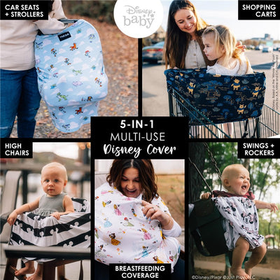 5-in-1 multifunctional cover featuring Disney Pixar characters, used for car seats, shopping carts, high chairs, and breastfeeding.