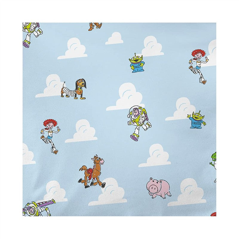 Multifunctional cover featuring a playful pattern of Toy Story characters including Buzz Lightyear, Woody, Jessie, and Aliens on a blue backdrop.